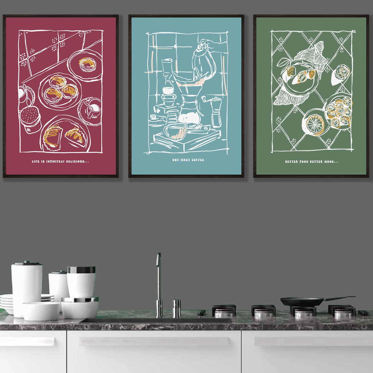 Kitchen Wall Art Prints, Set of 3 Prints, Teal & Grey Kitchen